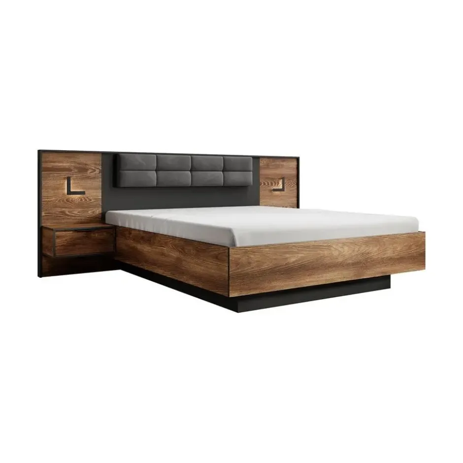 Meubella - Tweepersoonsbed Mulvey - Eiken - Antraciet - 160x200 cm