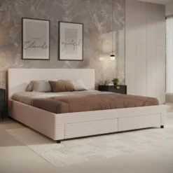 Meubella - Tweepersoonsbed Suente - Beige ribstof - 180x200 cm