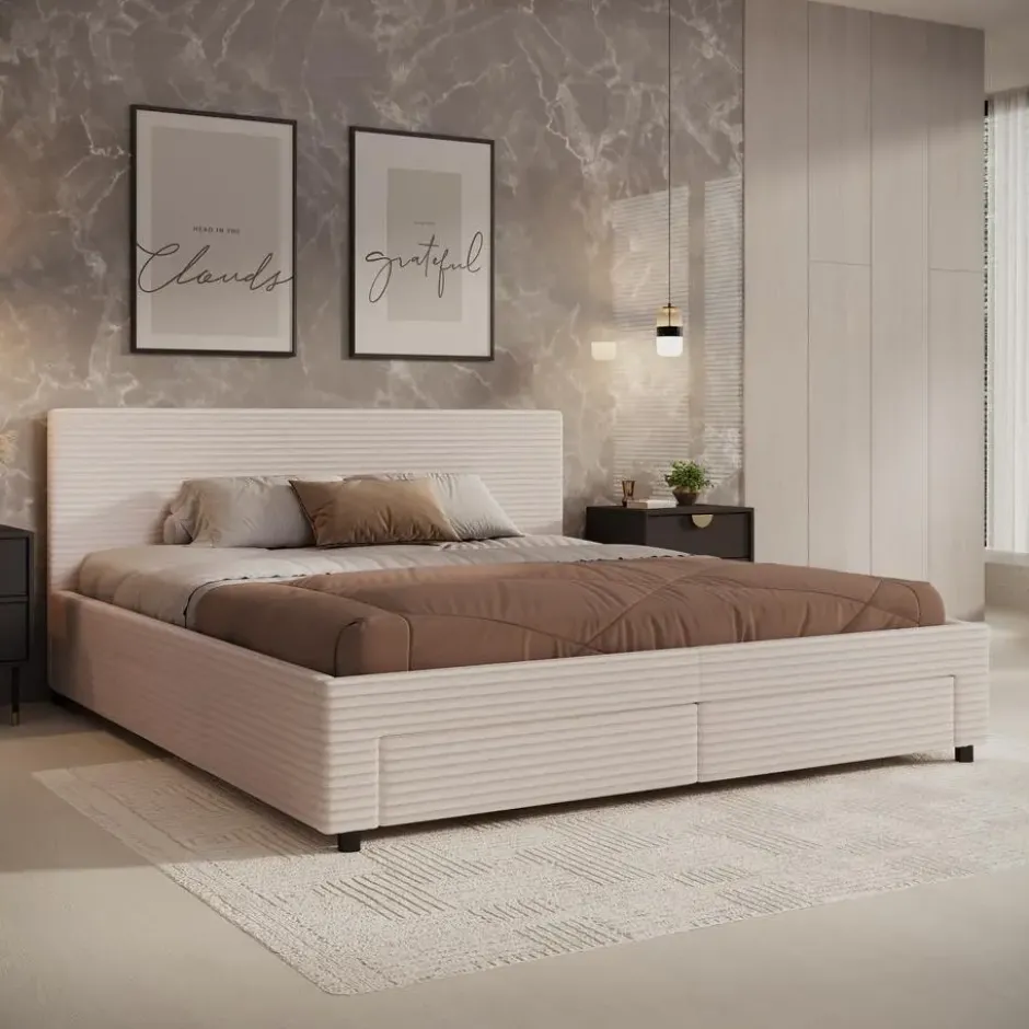 Meubella - Tweepersoonsbed Suente - Beige ribstof - 180x200 cm