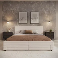 Meubella - Tweepersoonsbed Suente - Beige ribstof - 180x200 cm