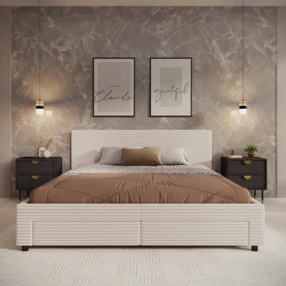 Meubella - Tweepersoonsbed Suente - Beige ribstof - 180x200 cm