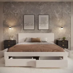 Meubella - Tweepersoonsbed Suente - Beige ribstof - 180x200 cm