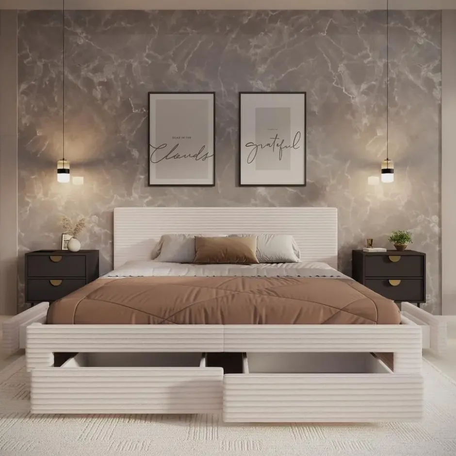Meubella - Tweepersoonsbed Suente - Beige ribstof - 180x200 cm
