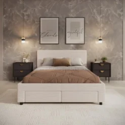 Meubella - Tweepersoonsbed Suente - Beige ribstof - 140x200 cm