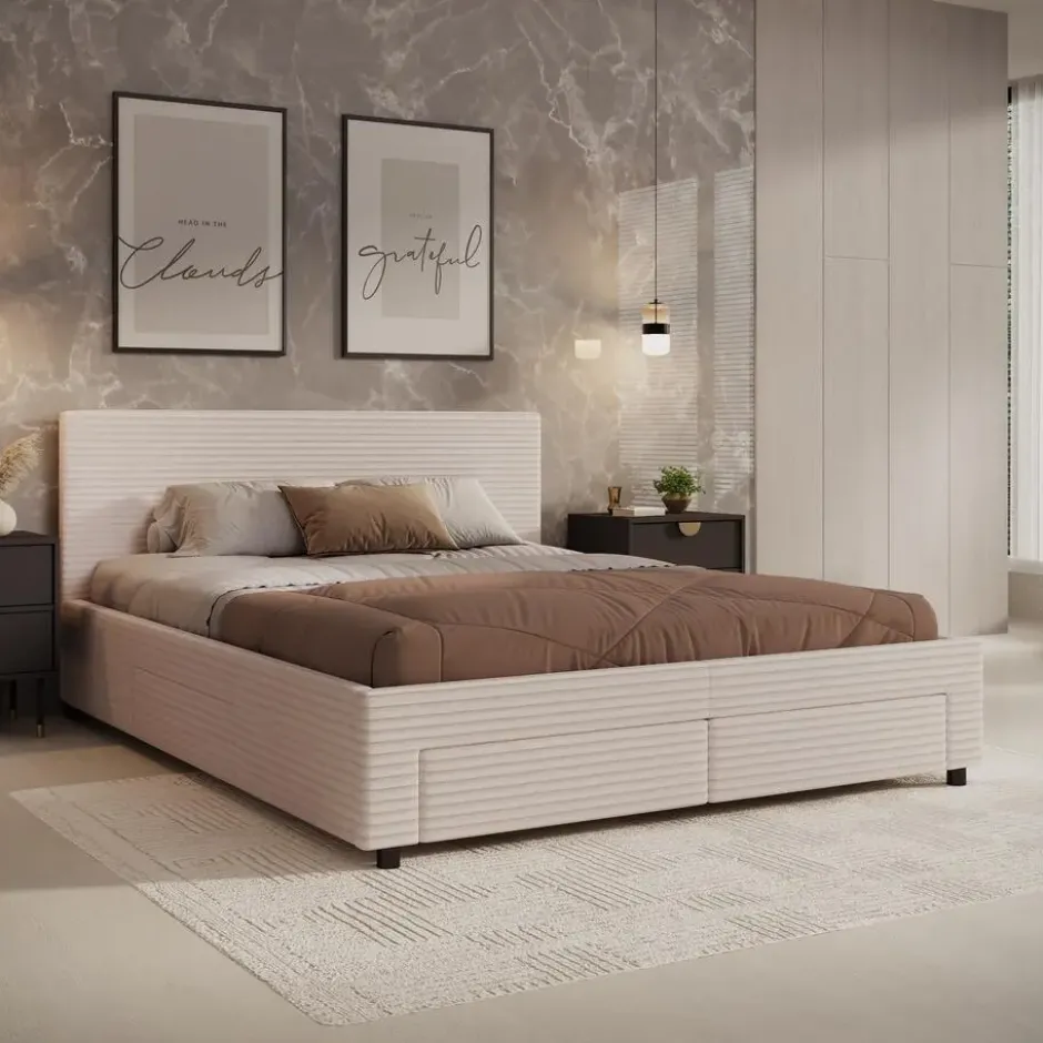 Meubella - Tweepersoonsbed Suente - Beige ribstof - 160x200 cm