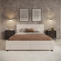 Meubella - Tweepersoonsbed Suente - Beige ribstof - 160x200 cm
