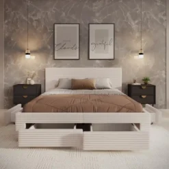 Meubella - Tweepersoonsbed Suente - Beige ribstof - 160x200 cm