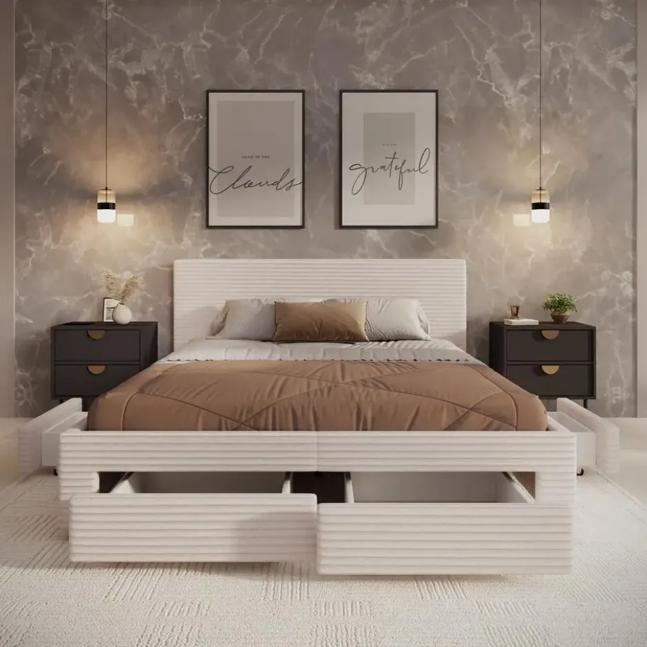 Meubella - Tweepersoonsbed Suente - Beige ribstof - 160x200 cm