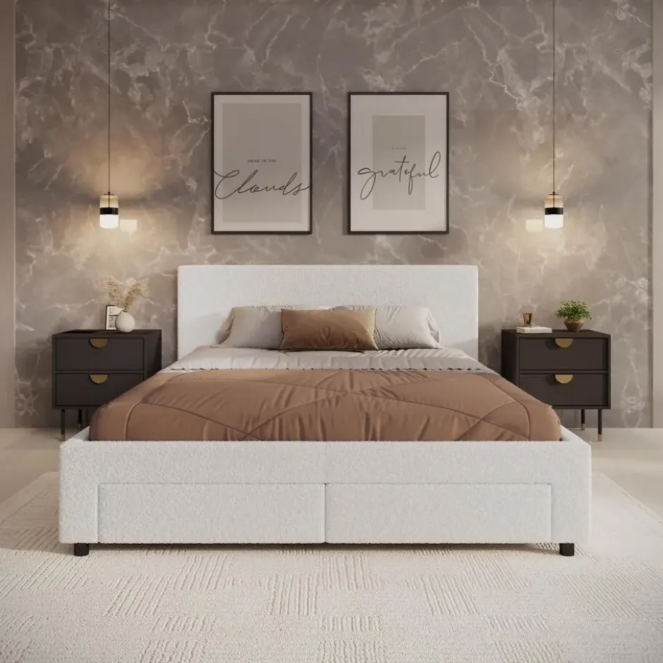 Meubella - Tweepersoonsbed Suente - Wit Teddystof - 160x200 cm