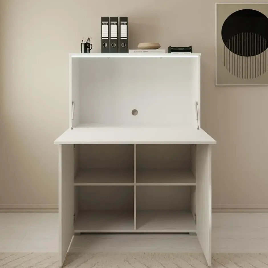 Meubella - Verity - Bureau uitklapbaar met LED - Wit - 90x42x125 cm