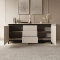 Meubella - Vexon - Dressoir met lades - Beige/Zwart - 205x45x78 cm