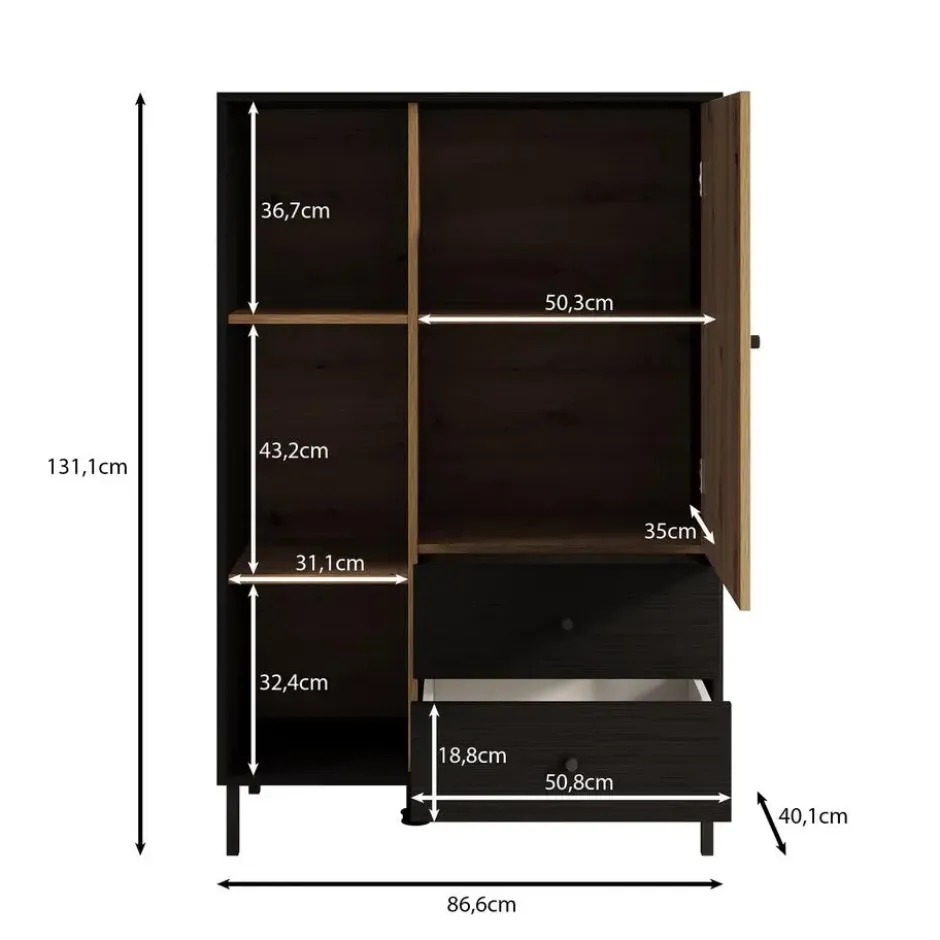Meubella - Vitrinekast Charles 1 - Zwart eiken - 87 cm