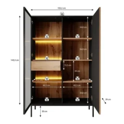 Meubella - Vitrinekast Legend - Mat zwart - Eiken - 104 cm