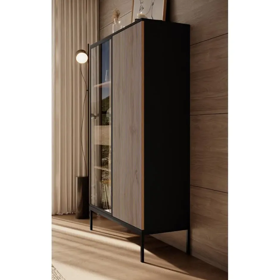 Meubella - Vitrinekast Legend - Mat zwart - Eiken - 104 cm