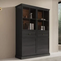 Meubella - Vitrinekast Leroy - Zwart eiken - 114 cm