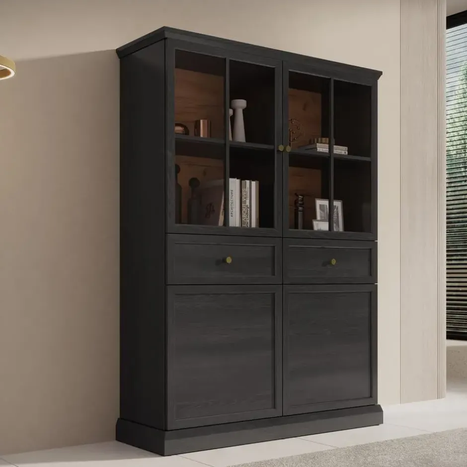 Meubella - Vitrinekast Leroy - Zwart eiken - 114 cm