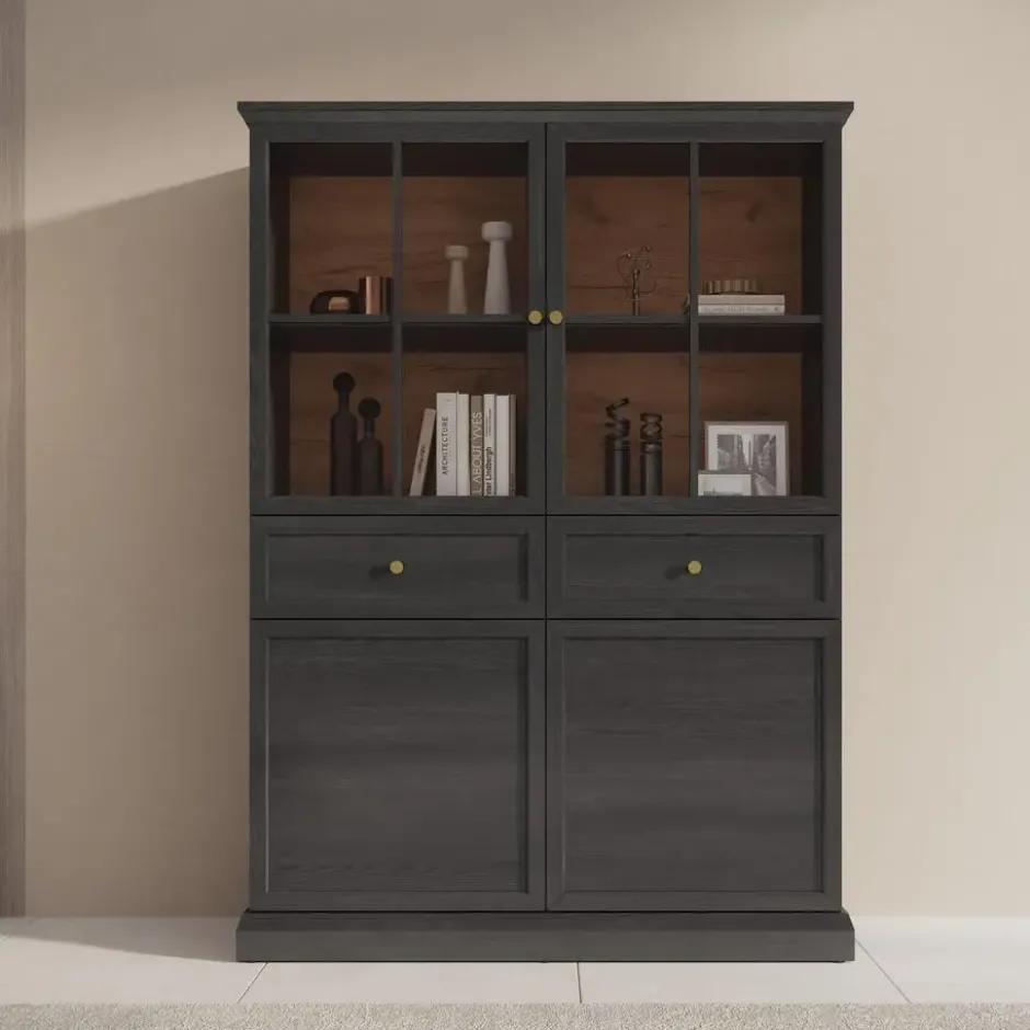 Meubella - Vitrinekast Leroy - Zwart eiken - 114 cm