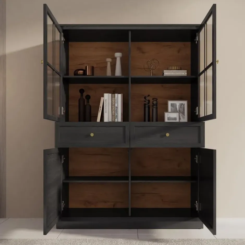 Meubella - Vitrinekast Leroy - Zwart eiken - 114 cm