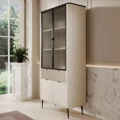 Meubella - Vitrinekast Mace - Beige - 90 cm - Met glas