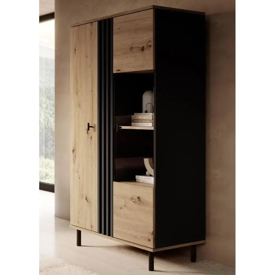 Meubella - Vitrinekast Marcos - Eiken - Antraciet - 90 cm