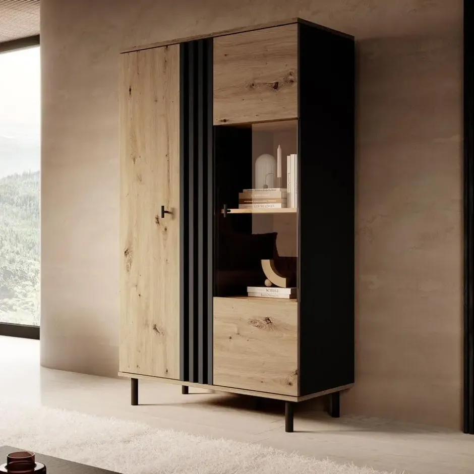 Meubella - Vitrinekast Marcos - Eiken - Antraciet - 90 cm
