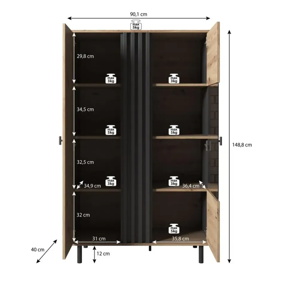 Meubella - Vitrinekast Marcos - Eiken - Antraciet - 90 cm