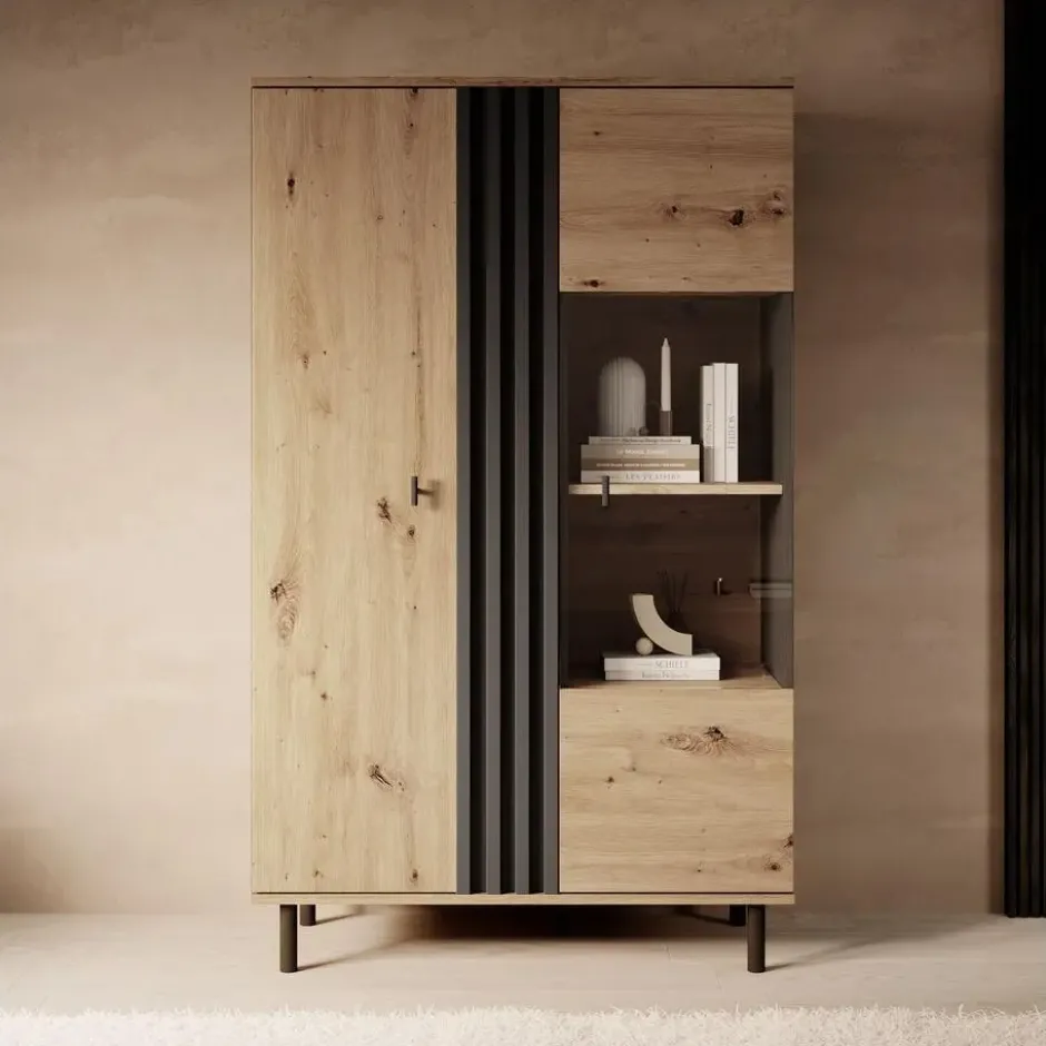 Meubella - Vitrinekast Marcos - Eiken - Antraciet - 90 cm