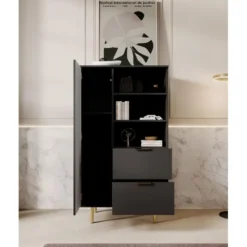 Meubella - Vitrinekast Nicola - Mat zwart - 80 cm - Laag
