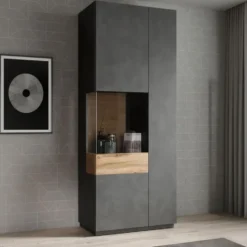 Meubella - Vitrinekast Sublime - Grijs - Eiken - 80 cm - Hoog
