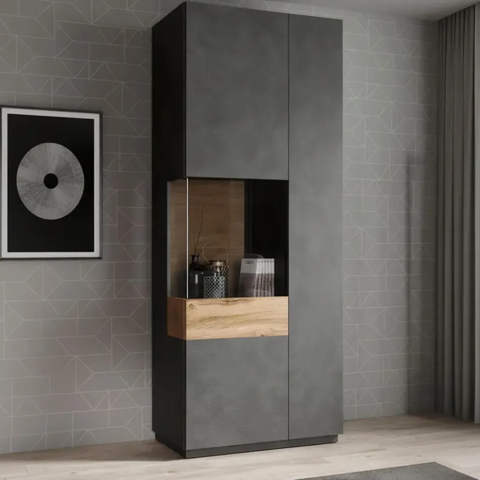 Meubella - Vitrinekast Sublime - Grijs - Eiken - 80 cm - Hoog