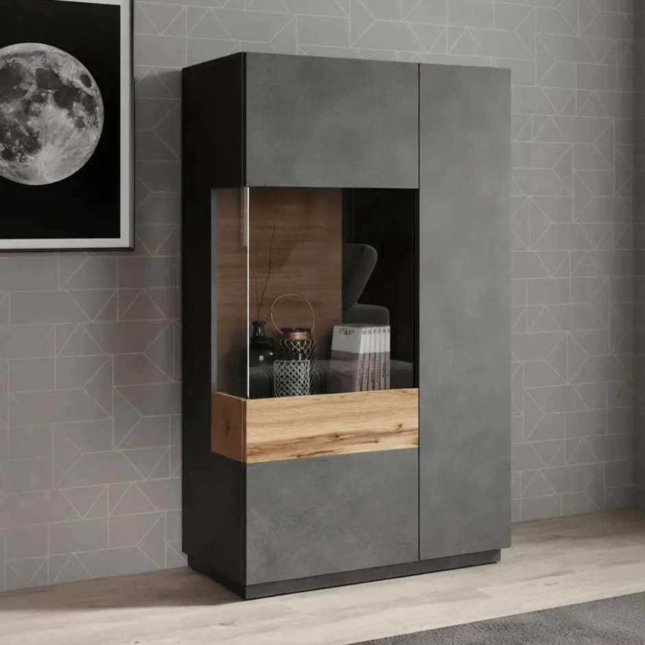 Meubella - Vitrinekast Sublime - Grijs - Eiken - 80 cm - Laag