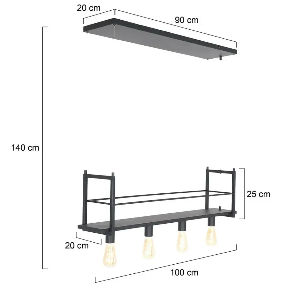 Mexlite Hanglamp buckley - 4 lichts - zwart - 100x140 cm