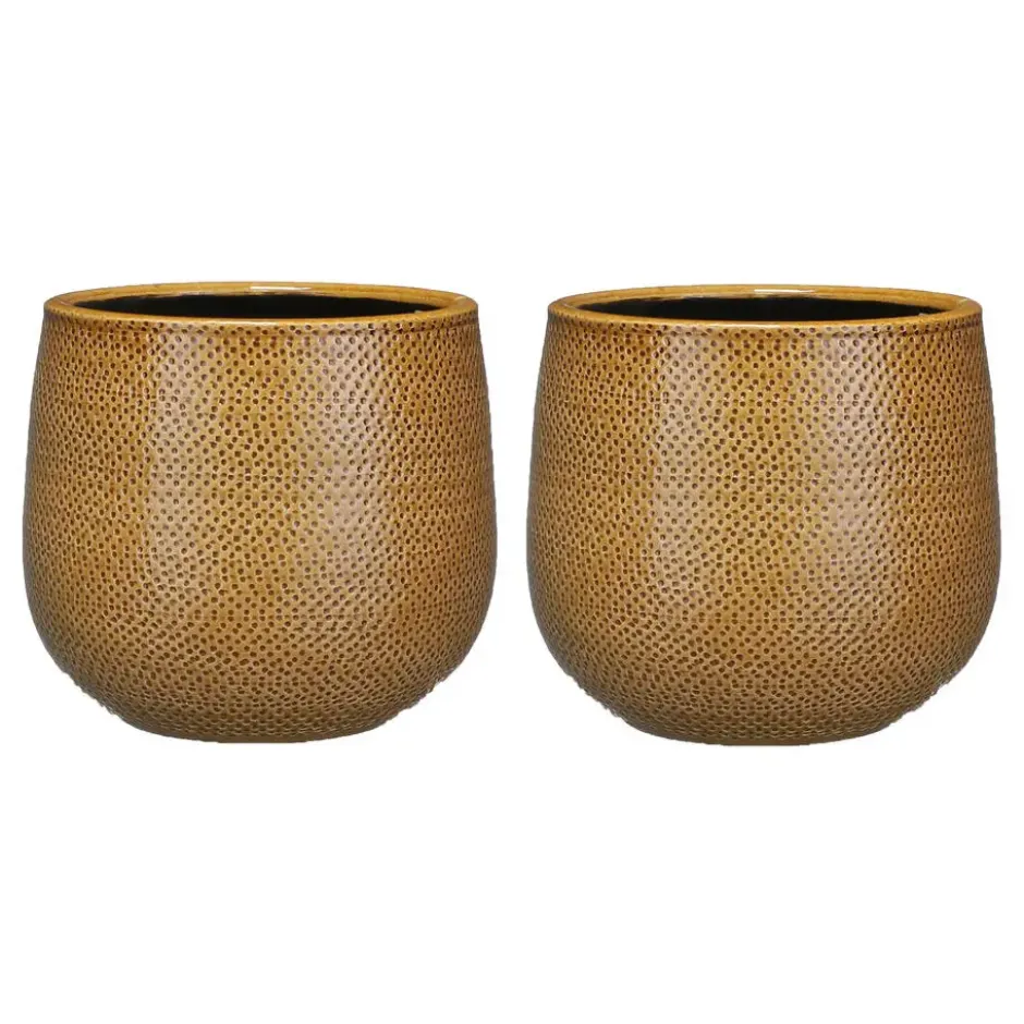 Mica Decorations Bloempot - okergeel - relief - keramiek - 21 cm
