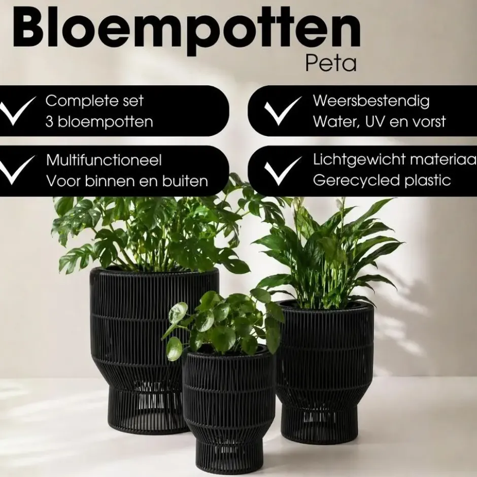 Mica Decorations Peta Bloempot – Set van 3 – Zwart