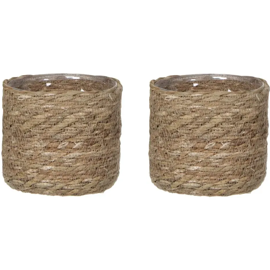 Mica Decorations Plantenmand - rotan - naturel met bruin - 14 cm