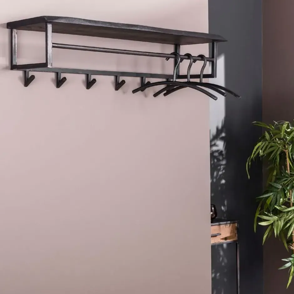 Nest of Nora Kapstok met hoedenplank 6 haken - Acaciahout - Zwart