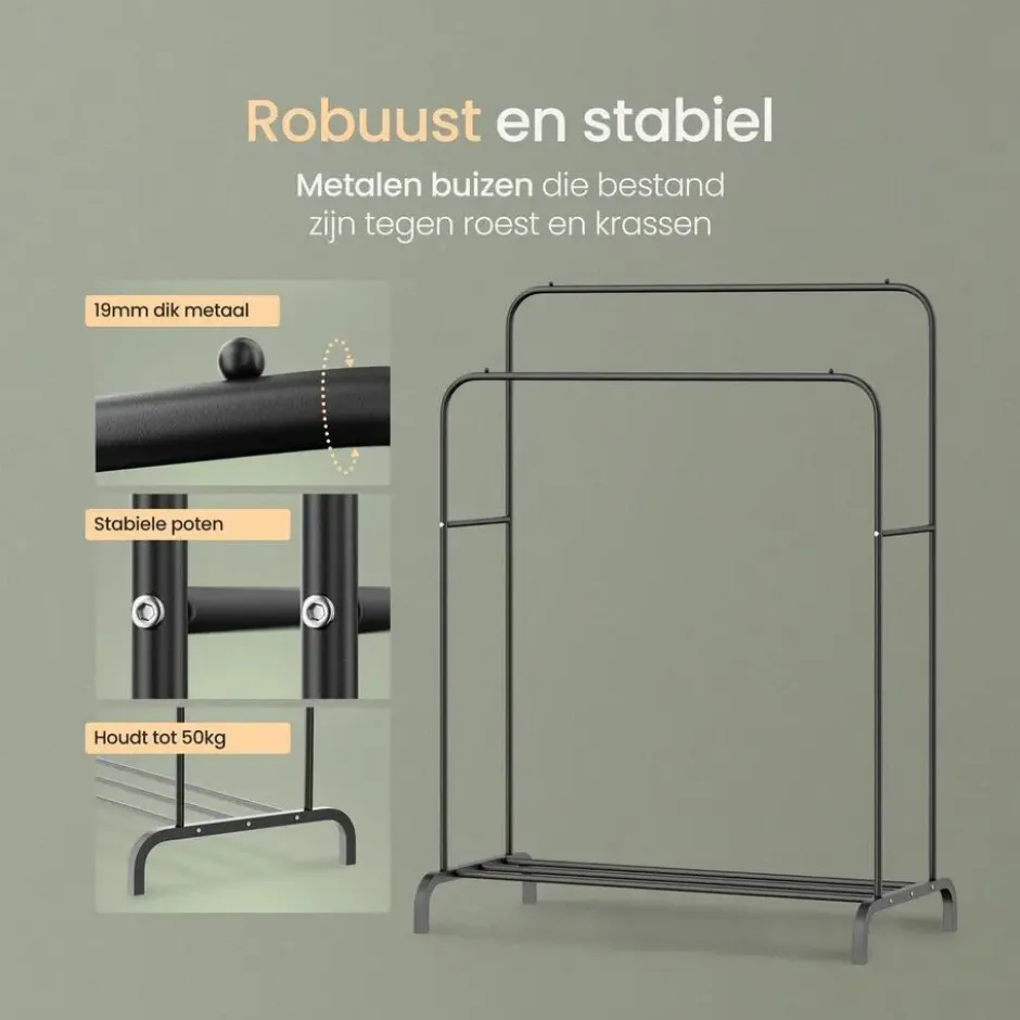 O'DADDY Dubbel Kledingrek Metaal Zwart met Schoenenrek 110x54x(130-150)cm