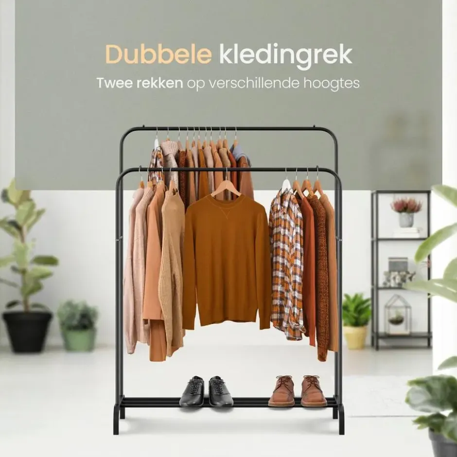 O'DADDY Dubbel Kledingrek Metaal Zwart met Schoenenrek 110x54x(130-150)cm