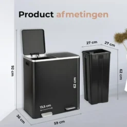 O’DADDY Prullenbak 60L - 2 Vakken - Voetbediening - Soft-Close - Zwart