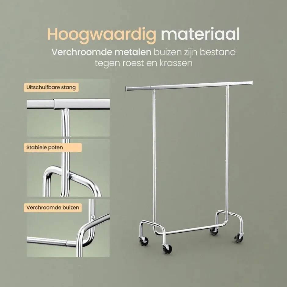O'DADDY Verstelbaar Kledingrek op Wieltjes - Stabiel tot 130 kg - Zilver
