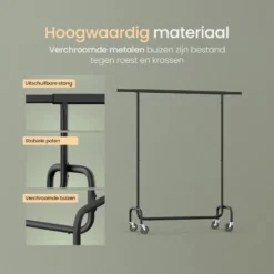 O’DADDY® Zwart Kledingrek - Verstelbaar & Stabiel tot 130kg - 4 Grote Wielen