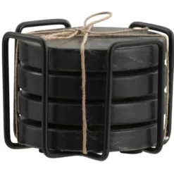 Onderzetters zwart marmer - set van 4 - Ø11 cm - met houder