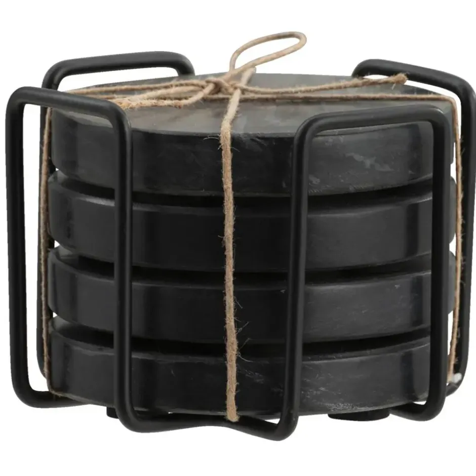 Onderzetters zwart marmer - set van 4 - Ø11 cm - met houder