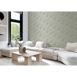 Origin Wallcoverings behang 3D-motief bladeren vergrijsd groen - 53 x 1005 cm
