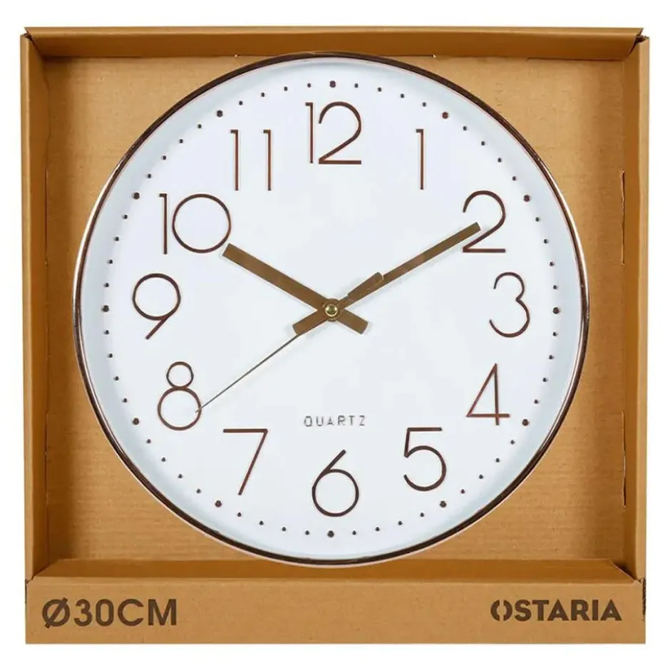 Ostaria Wandklok/muur klok - D30 cm - kunststof - wit/koper