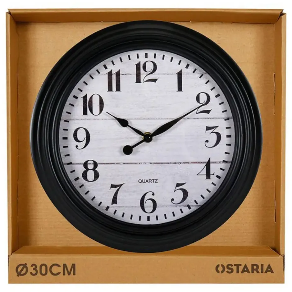 Ostaria Wandklok/muur klok - houtlook - D30cm - kunststof - zwart