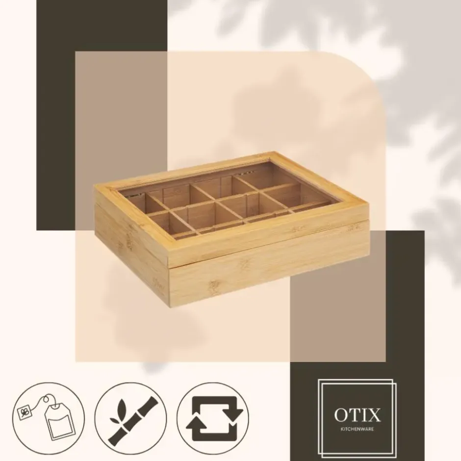 OTIX Theedoos Theekist 12 Vaks Aanpasbaar tot 6 Vaks Hout 23x28x7cm Bamboe
