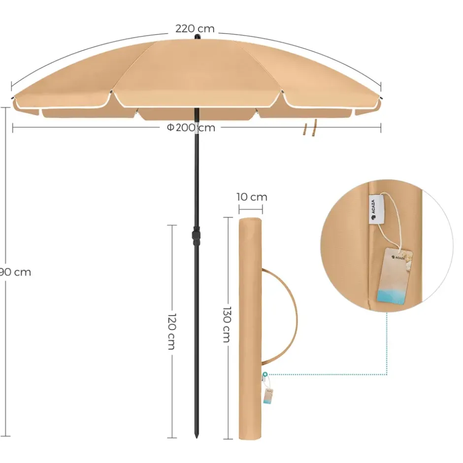 Parasol 180 cm diameter, rond / achthoekige strandparasol kantelbaar - taupe