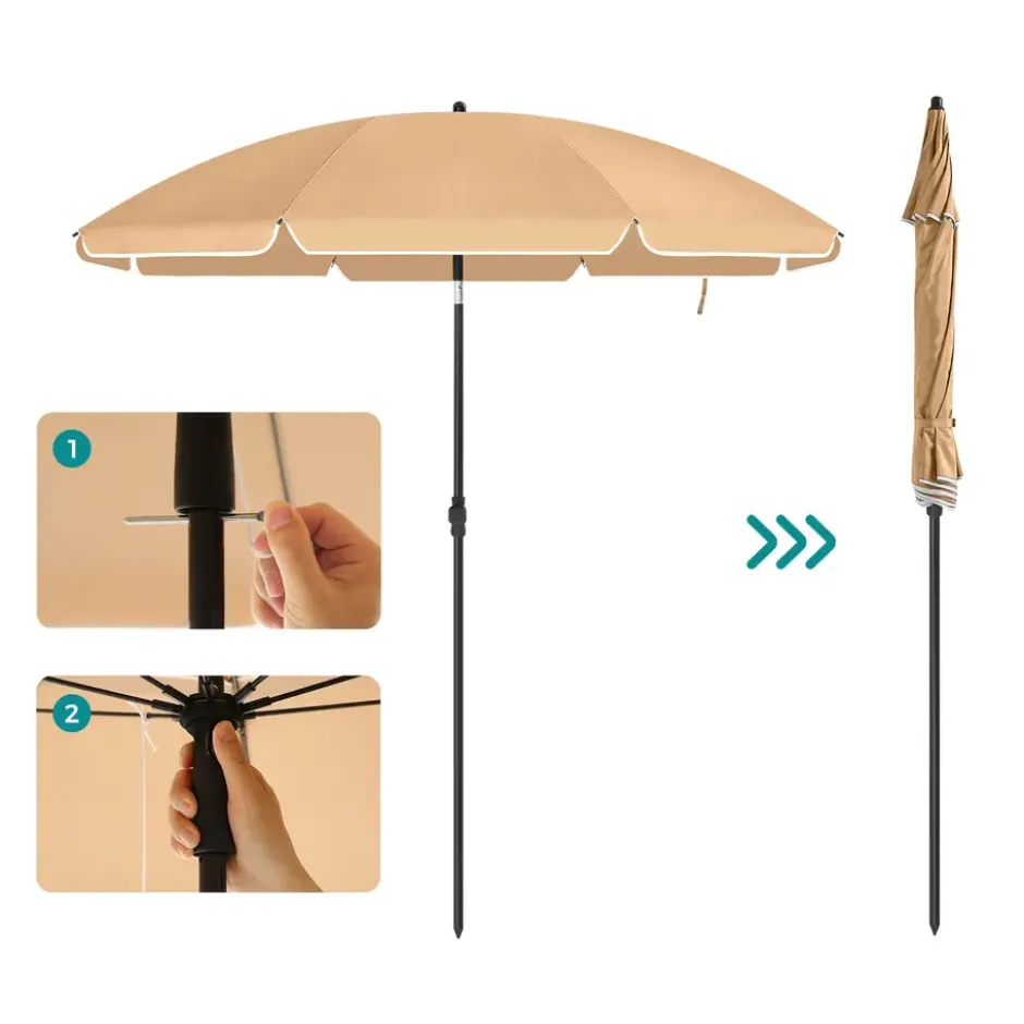Parasol 180 cm diameter, rond / achthoekige strandparasol kantelbaar - taupe