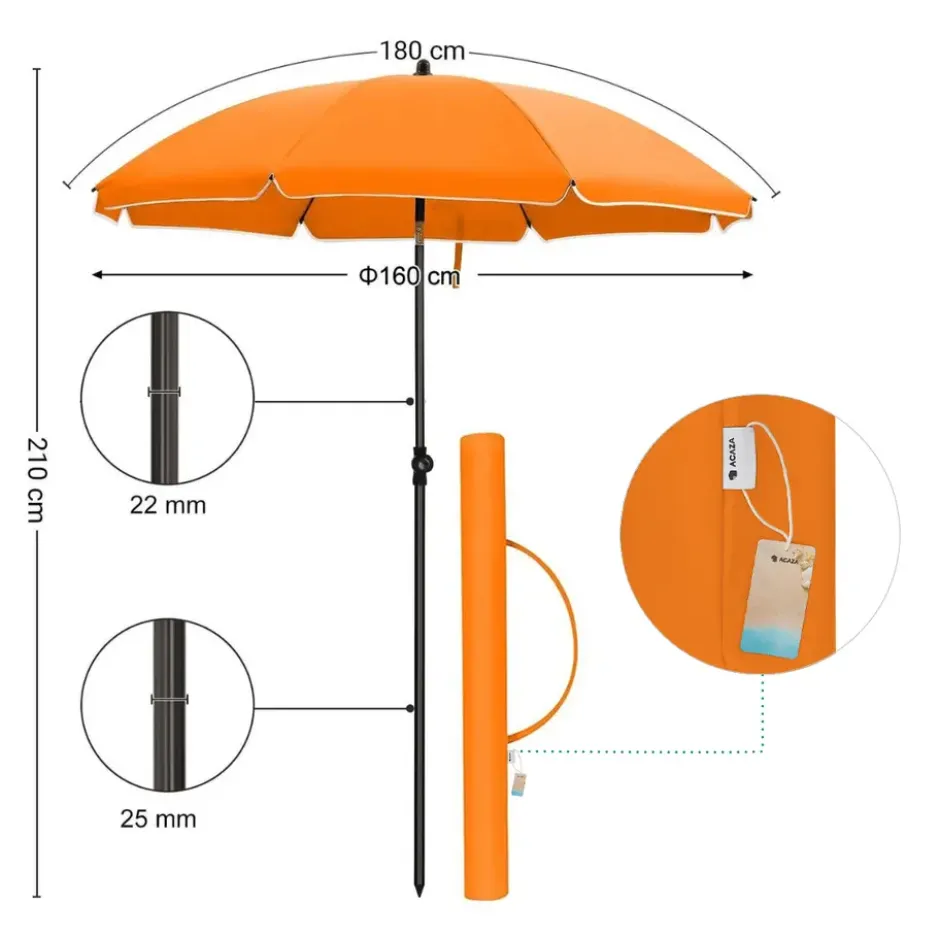 Parasol 180 cm diameter, rond / achthoekige strandparasol kantelbaar- oranje